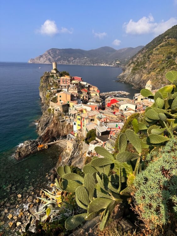 a stunning view from the top of the village Vernazza, colorful houses on the rocks and blue sea